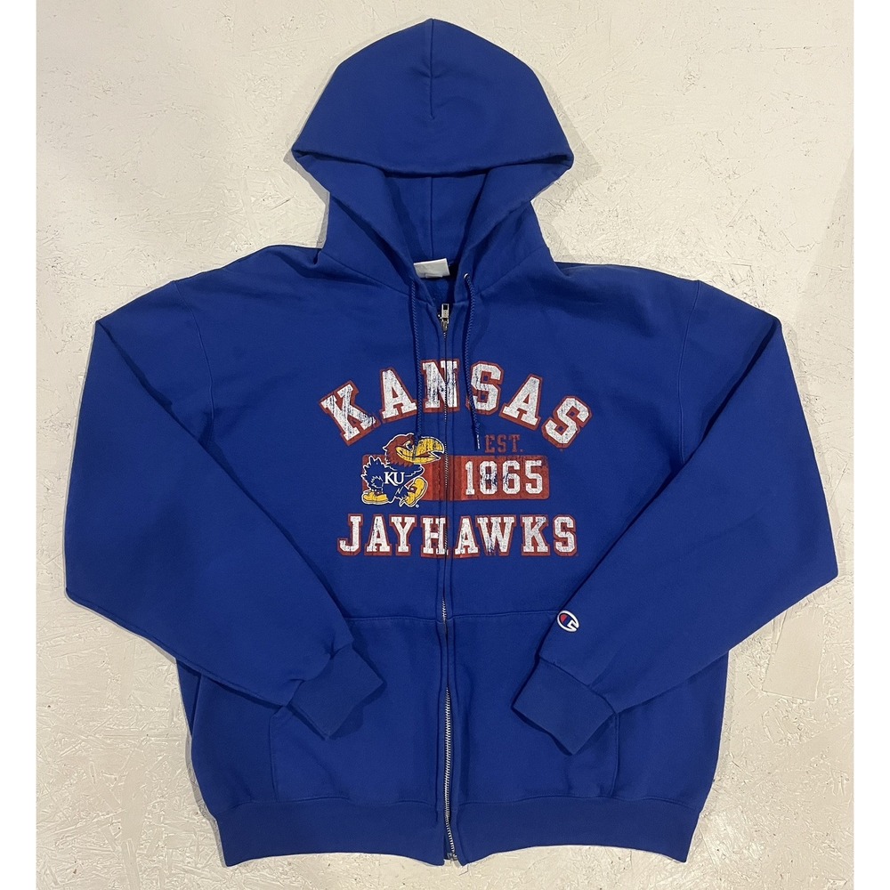 Vintage Champion Kansas Jayhawks Full Zip Hooded Jacket Mens Large Blue Red